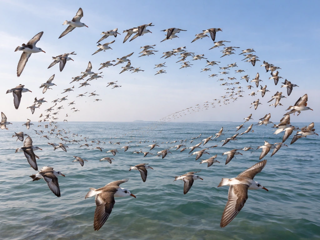 A flock of birds circling together in coordinated arcs above open water as if preparing to land or evade a predator