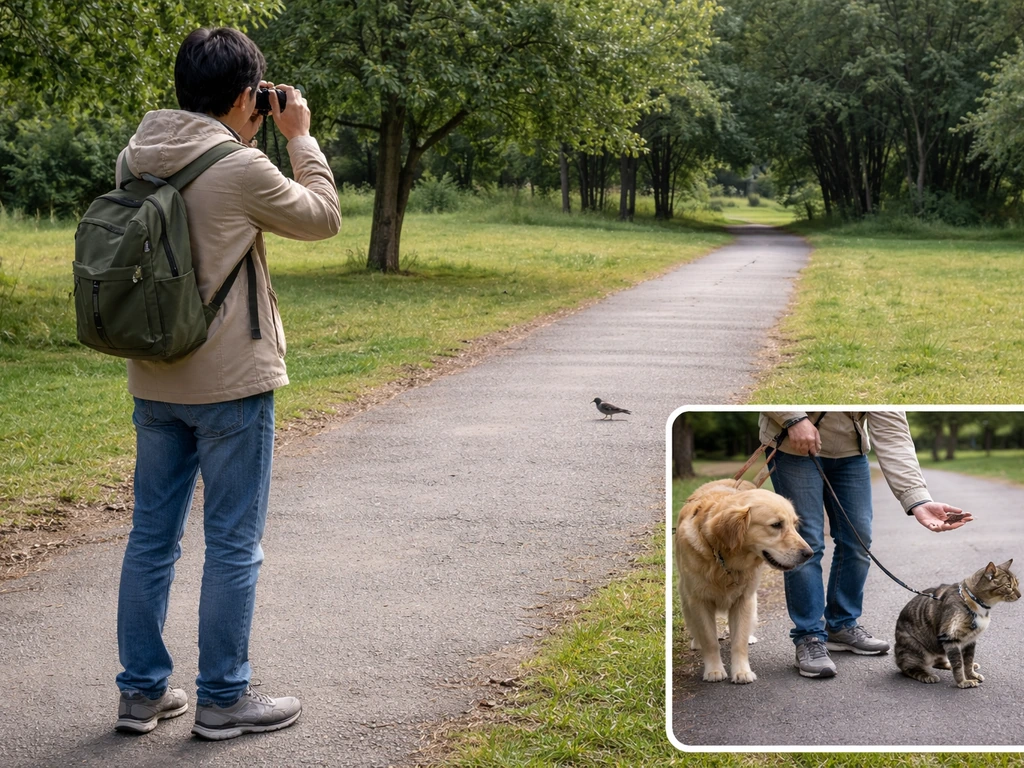 Person with binoculars watching a bird from afar, with a second view keeping pets away safely.
