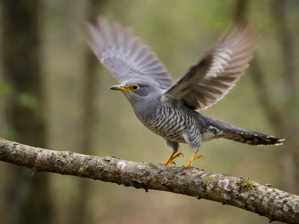 A cuckoo bird launching from a tree perch and lifting into the air in natural light.