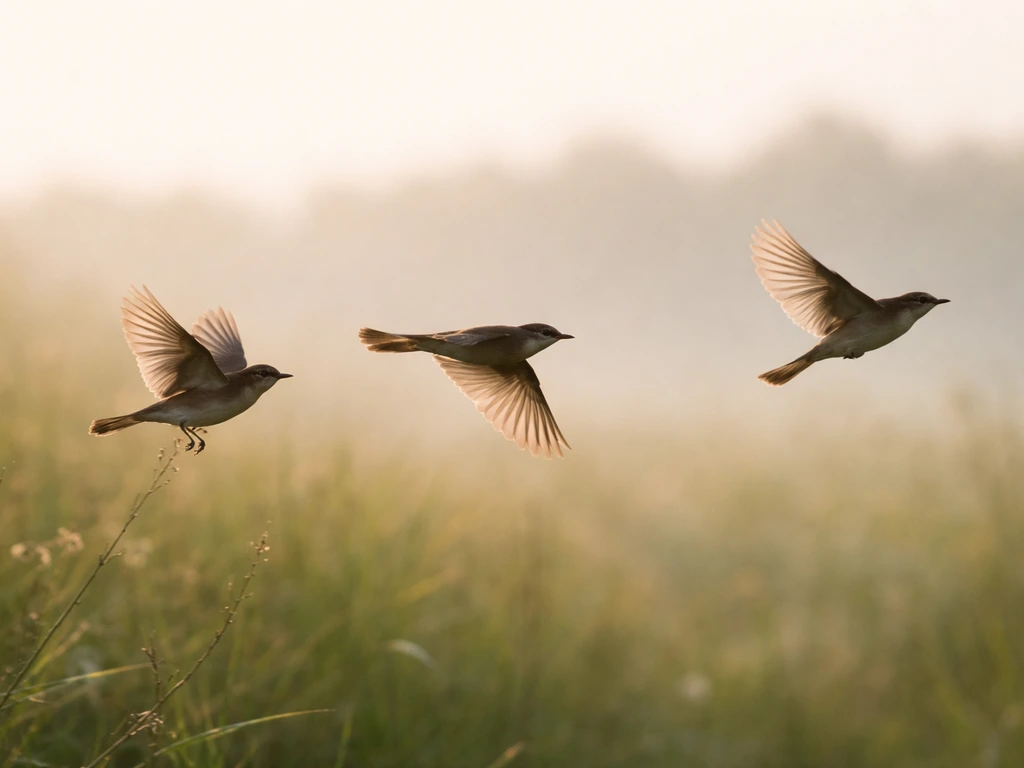 Three small birds in flight with distinct silhouettes, showing quick launch versus long soaring takeoff.