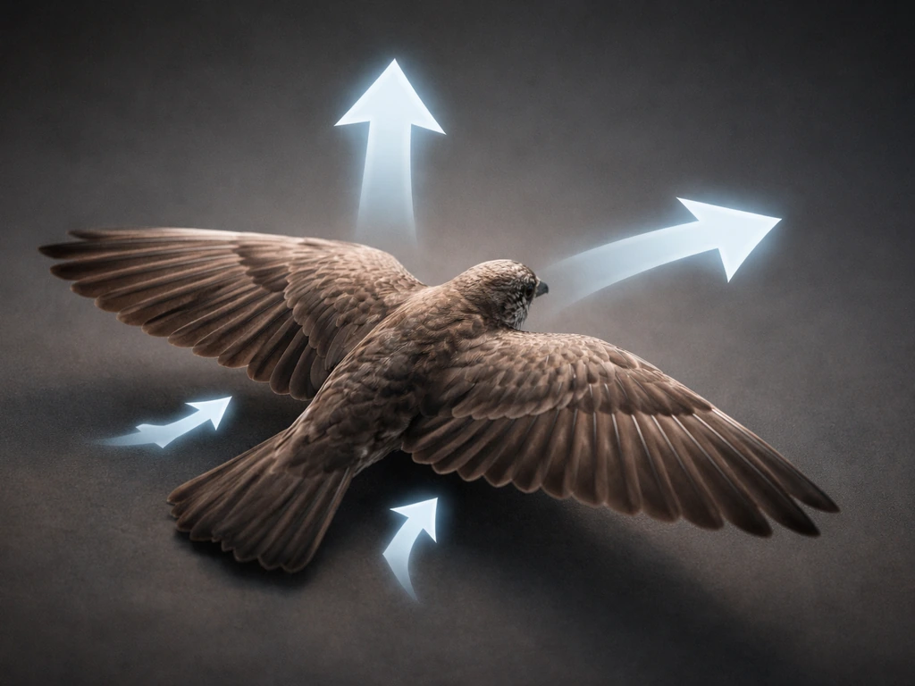 Overhead view of a bird wing and body with simple arrows showing lift, thrust, and control forces.