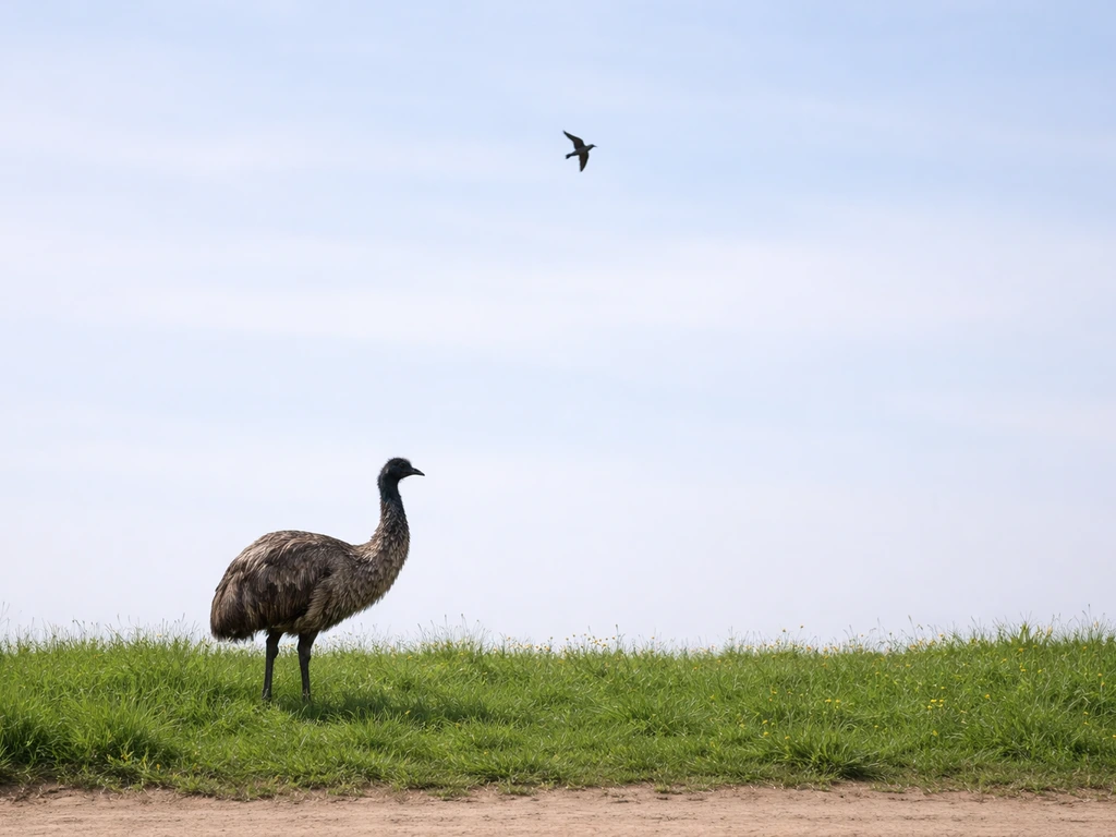 Two birds side by side: an emu stands on grass while a distant small bird flies across the sky.