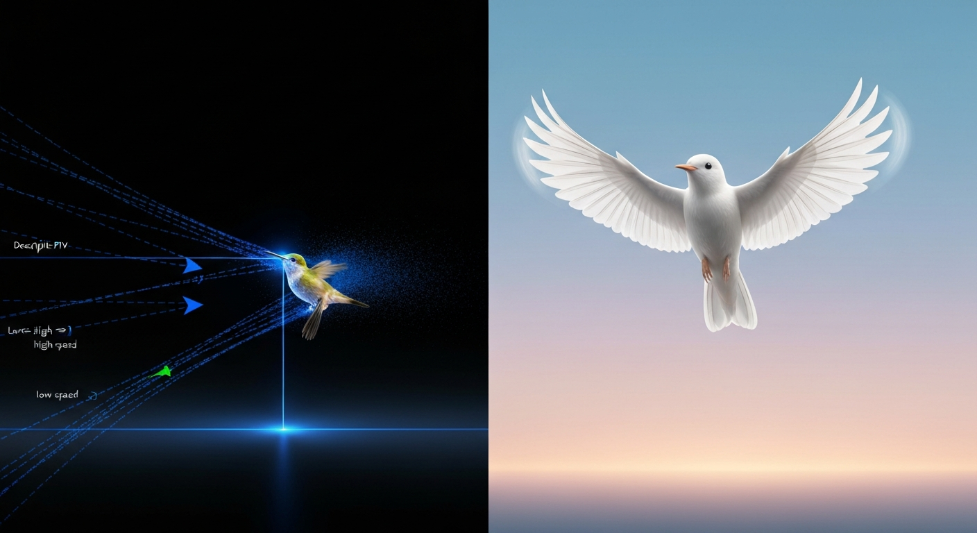 Split-scene illustration: left shows a wind-tunnel PIV airflow visualization around a small bird with laser-illuminated particle streaks and colored velocity vectors; right shows a stylized, ethereal white bird suspended in soft cinematic light.