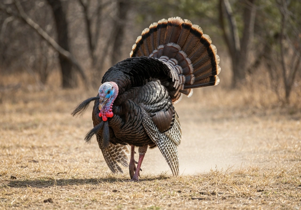 Wild turkey strutting with tail fanned high in a natural outdoor setting