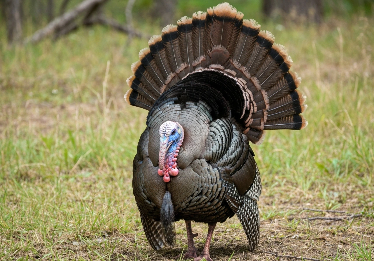 Wild turkey strutting with fanned tail, forward posture, and drooped wings in a grassy woodland.