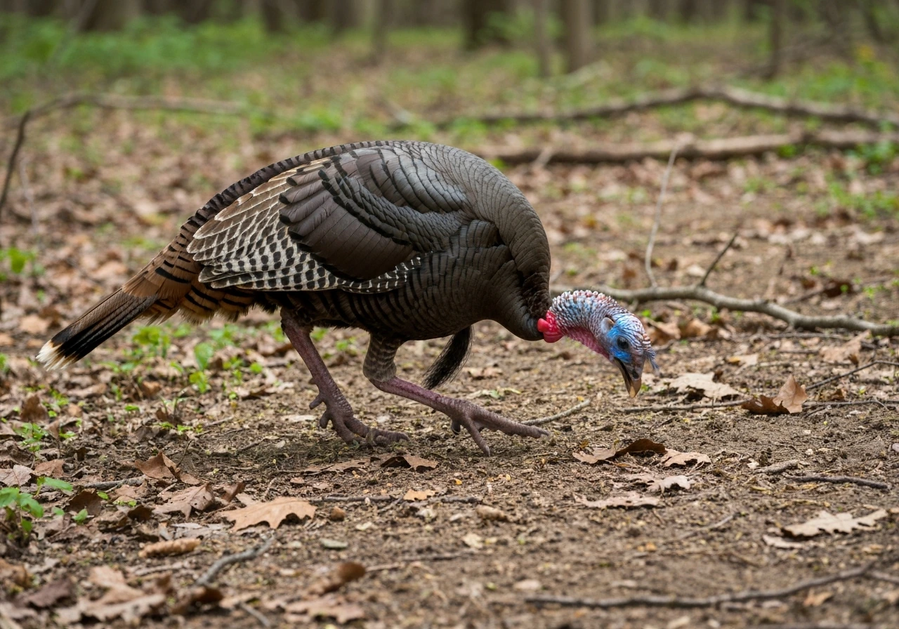 Wild turkey foraging in leaf litter, scratching the ground and pecking at insects or seeds.
