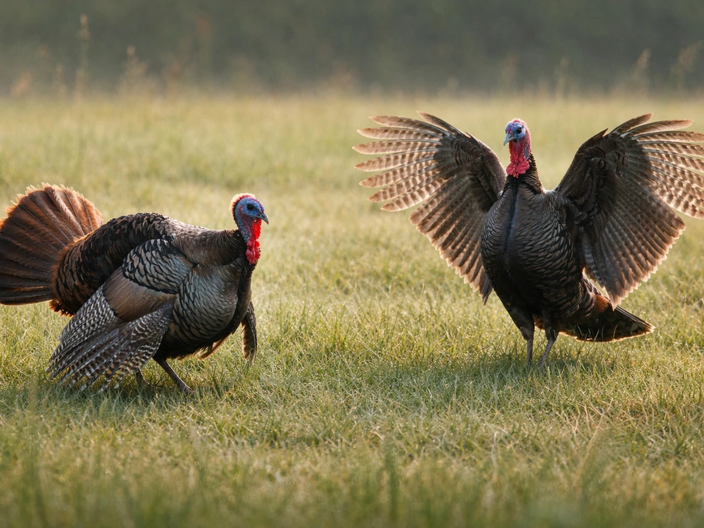 Turkeys in an open field: one strutting with wings dropped and dragged, the other showing wing-flapping posture.