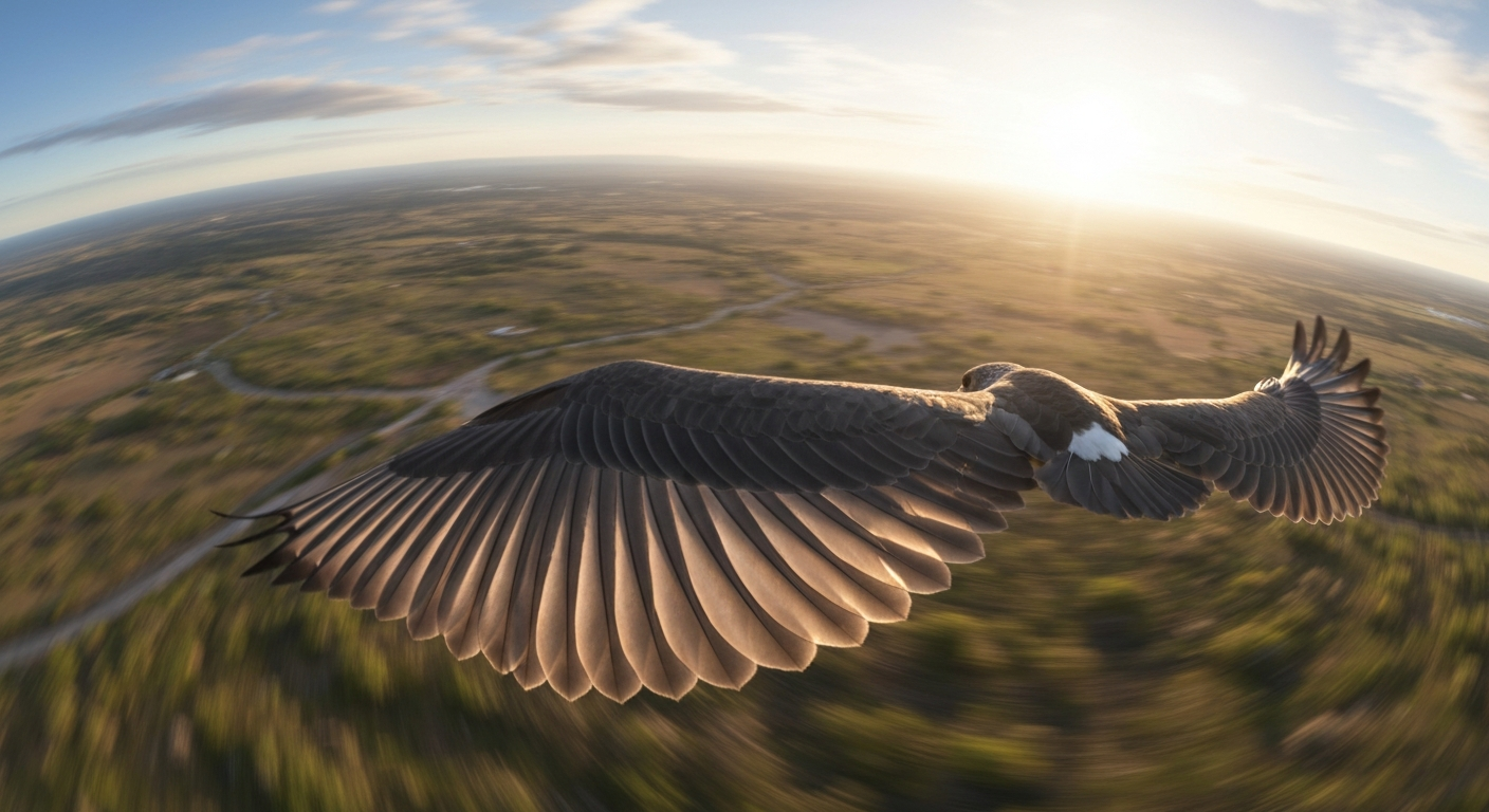 View from behind a flying bird showing detailed wing and feathers in the foreground and a blurred panoramic landscape below, conveying speed and wide-field vision of flight.