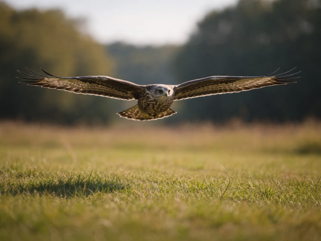 Single bird gliding above a grassy field, framed to show height and speed motion blur.