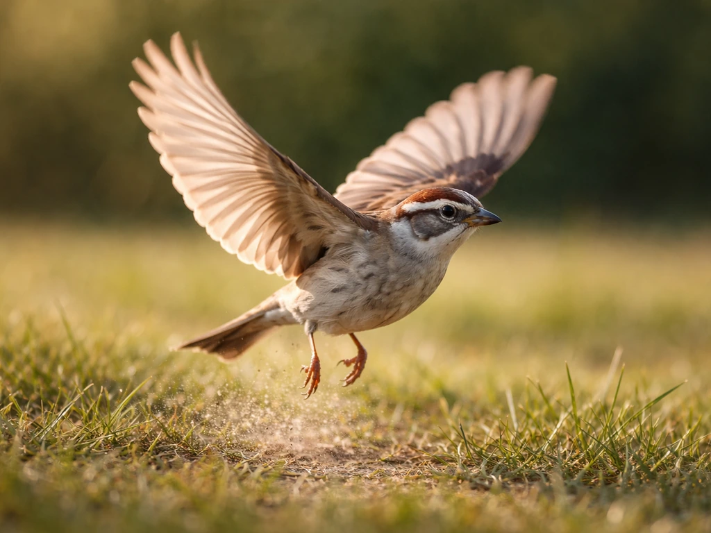A small bird launching from the ground, wings spread, captured mid-takeoff with soft motion blur.
