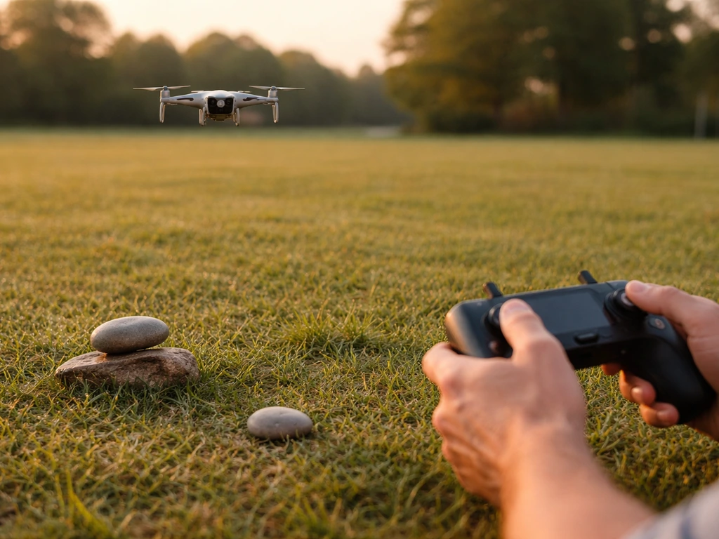 A hovering drone above grass with simple stones to suggest height and motion for PE vs KE comparison.