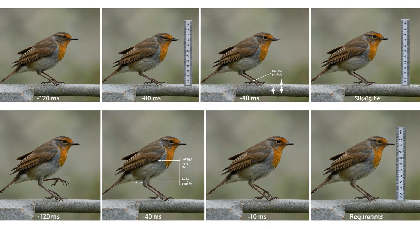 High-speed composite side view of a bird across six frames from approach through flare to touchdown, showing wings, tail, legs, timestamps and angle annotation.