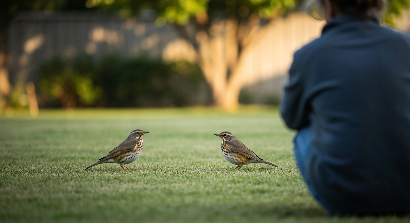 A person standing a few meters away watching a grounded wild songbird on a lawn, illustrating observation from a distance.