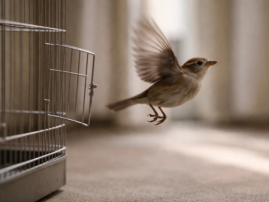 A small bird startles mid-flight near an open cage, captured in a tense, fear-driven moment.
