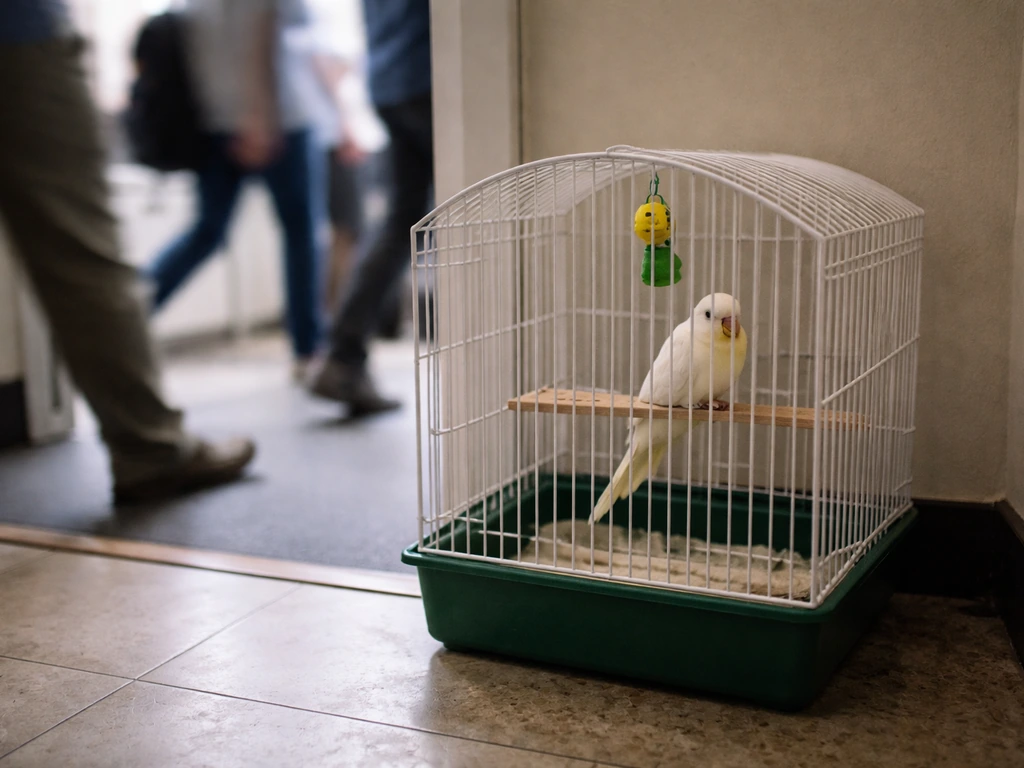 Cramped undersized bird cage in a high-traffic area with minimal toys, bird perched near the door.