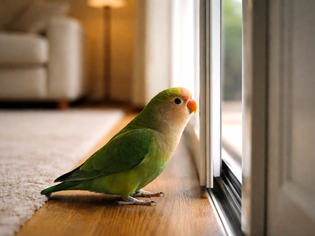 A small parrot investigates a slightly ajar glass door gap in a quiet living room.