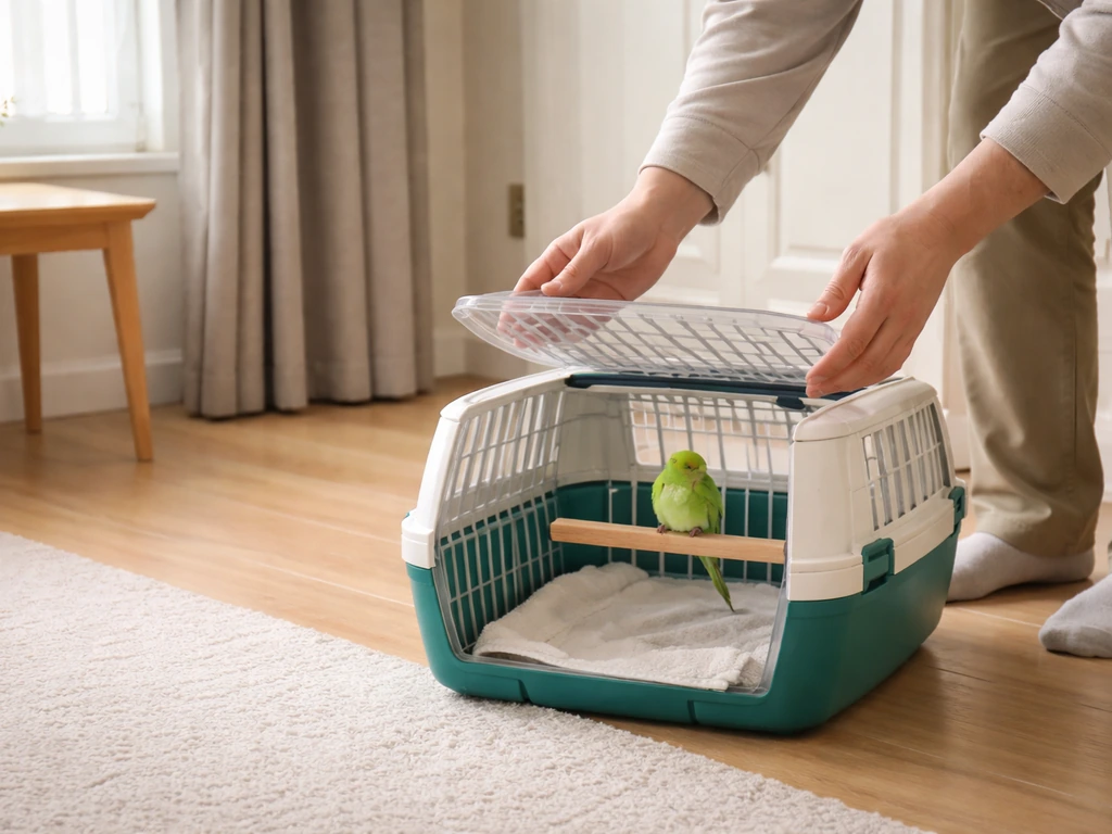 Open bird carrier on the floor in a quiet room with doors and windows closed, safe guidance setup.