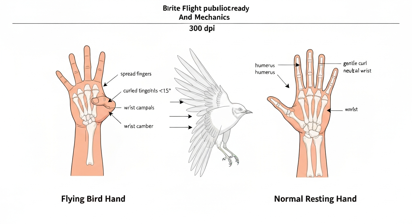Two-panel educational infographic: left—hand in flying bird gesture (fingers spread, wrist tilted); right—hand in normal relaxed posture; center—ghosted bird wing and arrows showing bone homology.