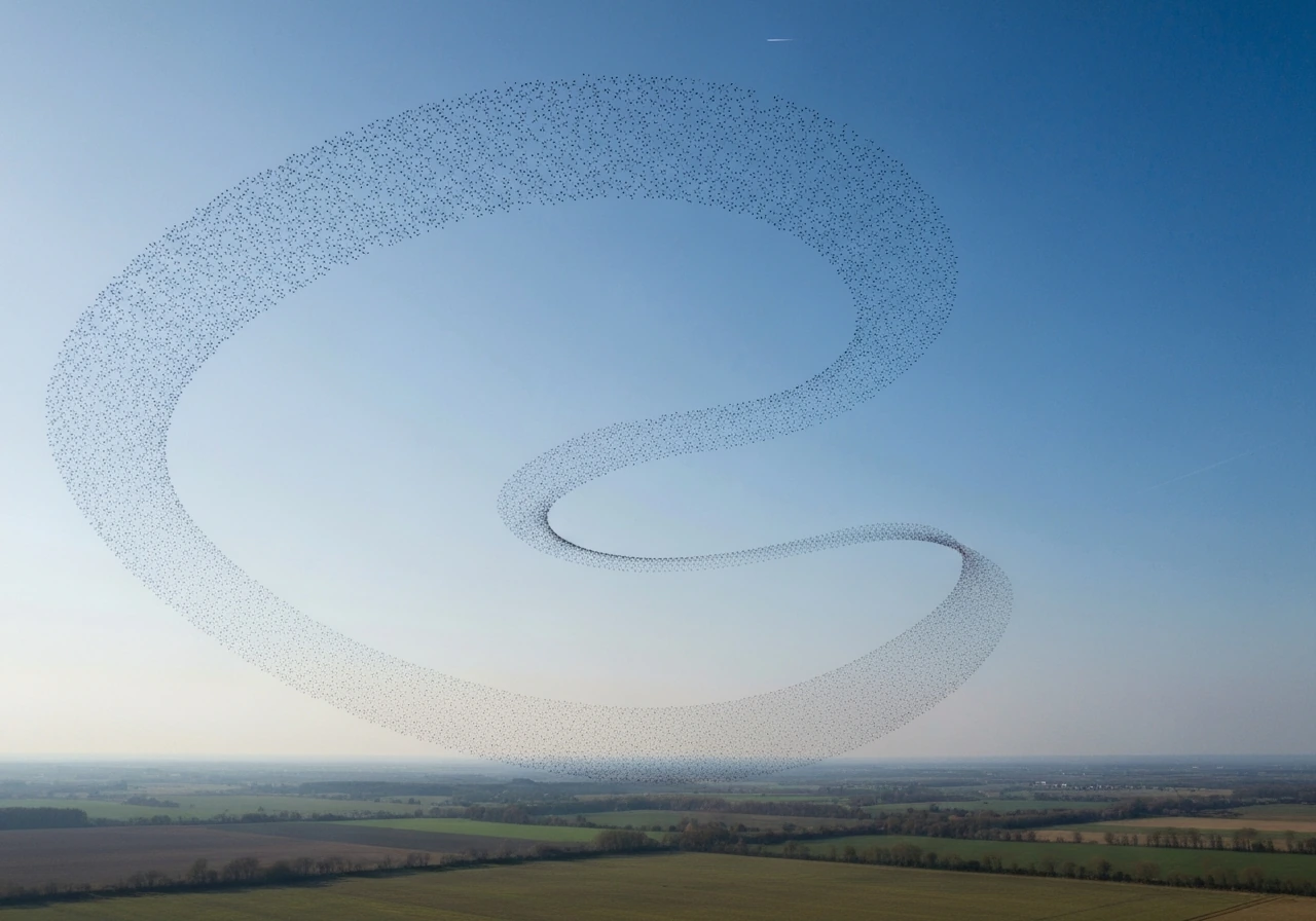 Wide aerial view of birds flying in a circular spiral pattern above a calm landscape.