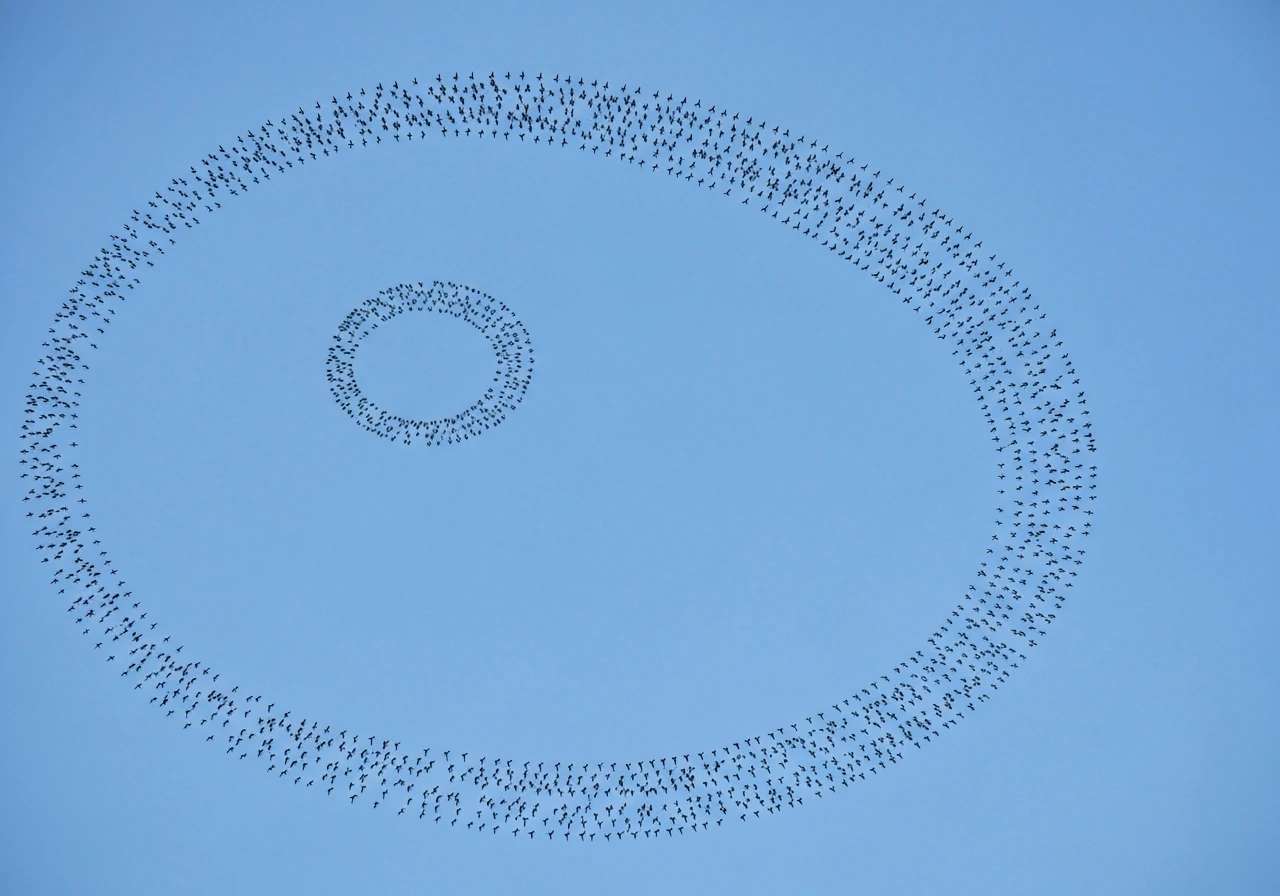 Bird flock overhead showing a wide slow spiral and a tighter low-loop circling pattern
