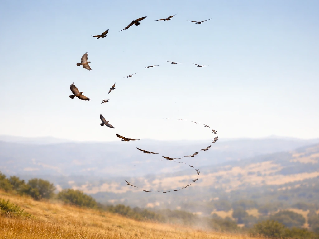 Large birds circling in a spiral over sunny terrain, with visible heat shimmer from rising thermals.