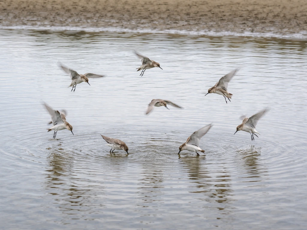 A flock of small birds repeatedly circling a shallow water feeding patch at the edge of a pond