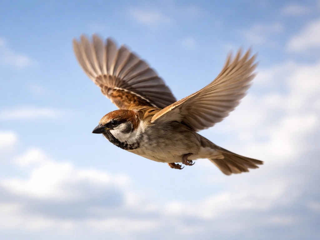 A bird captured mid-flight with blurred wings against a clear sky, showing kinetic energy from speed.