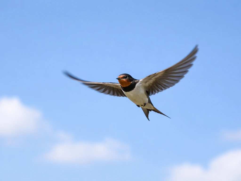 A bird mid-flight with wings spread against a blue sky, showing motion and kinetic energy.