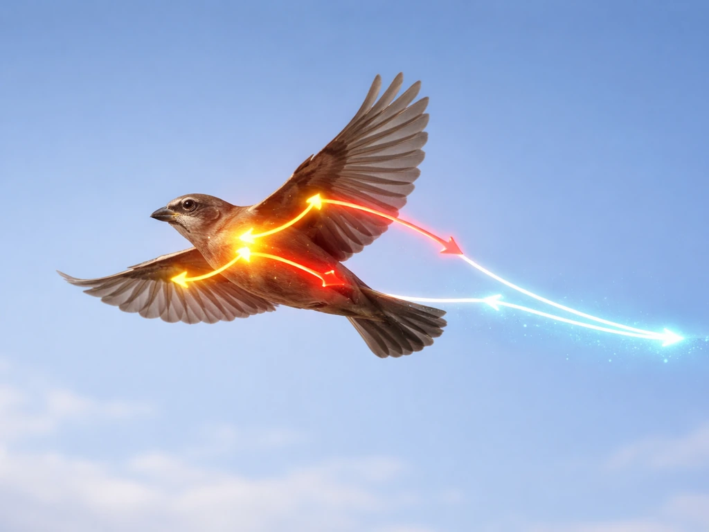 A bird in flight with glowing arrows showing energy converting from food to muscle motion and motion.