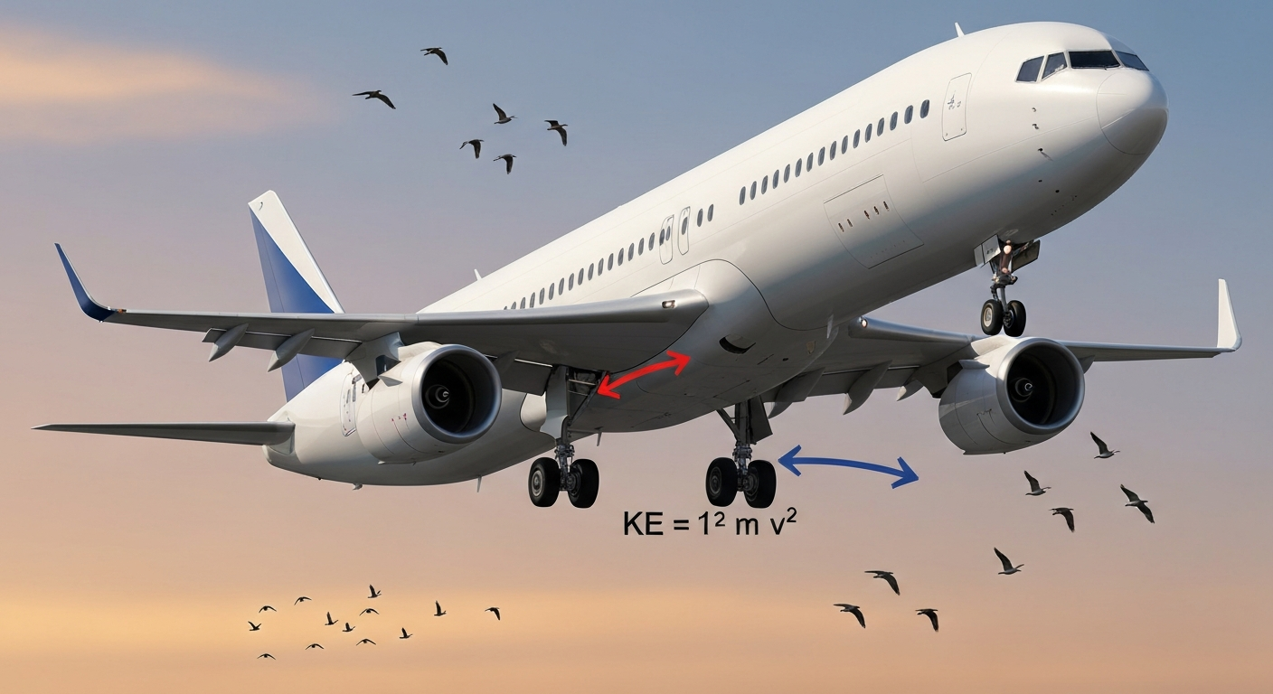 Illustration of a commercial jet in climb encountering a flock of birds, with callouts for engine ingestion, windshield, wing leading edge, and an overlay of KE = ½ m v².