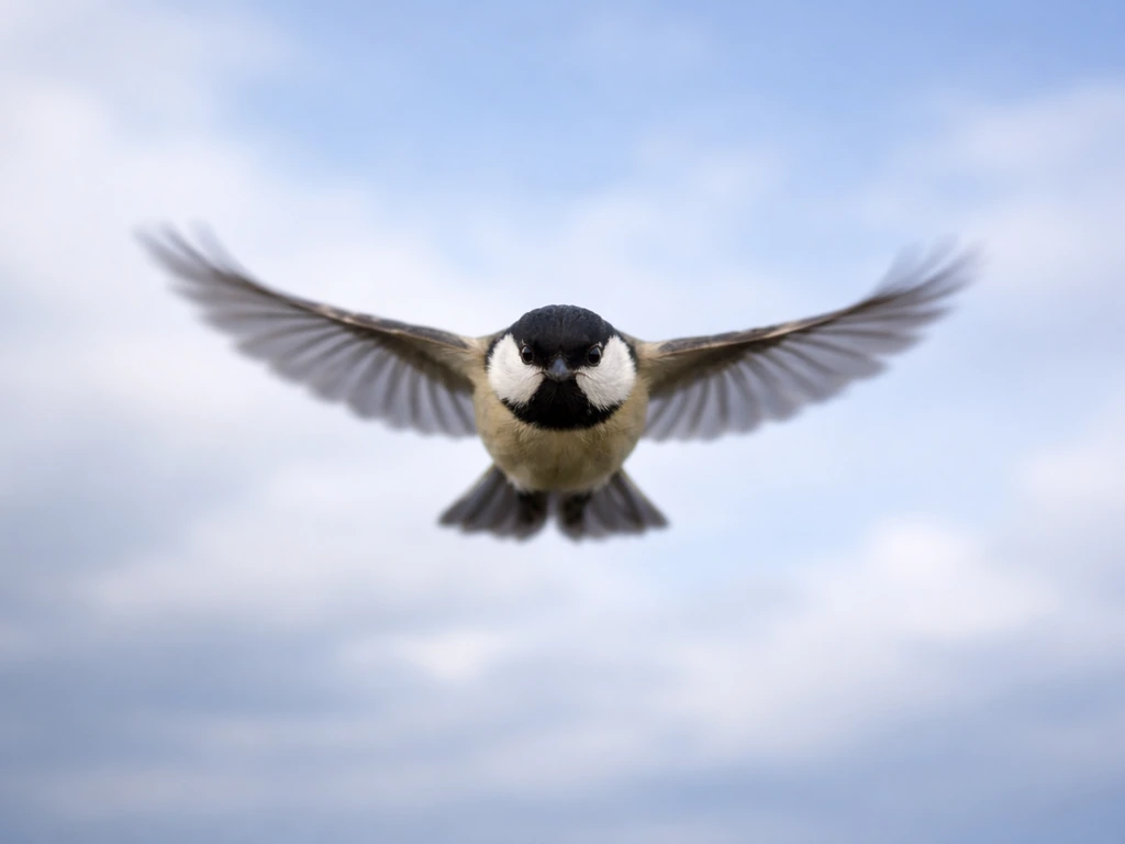 A small bird flies directly toward the camera over open air, wings spread, showing imminent collision risk.