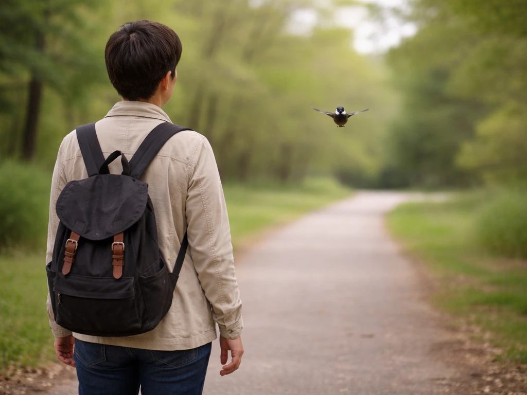 Person standing still with arms low, calm body language as a bird approaches straight ahead