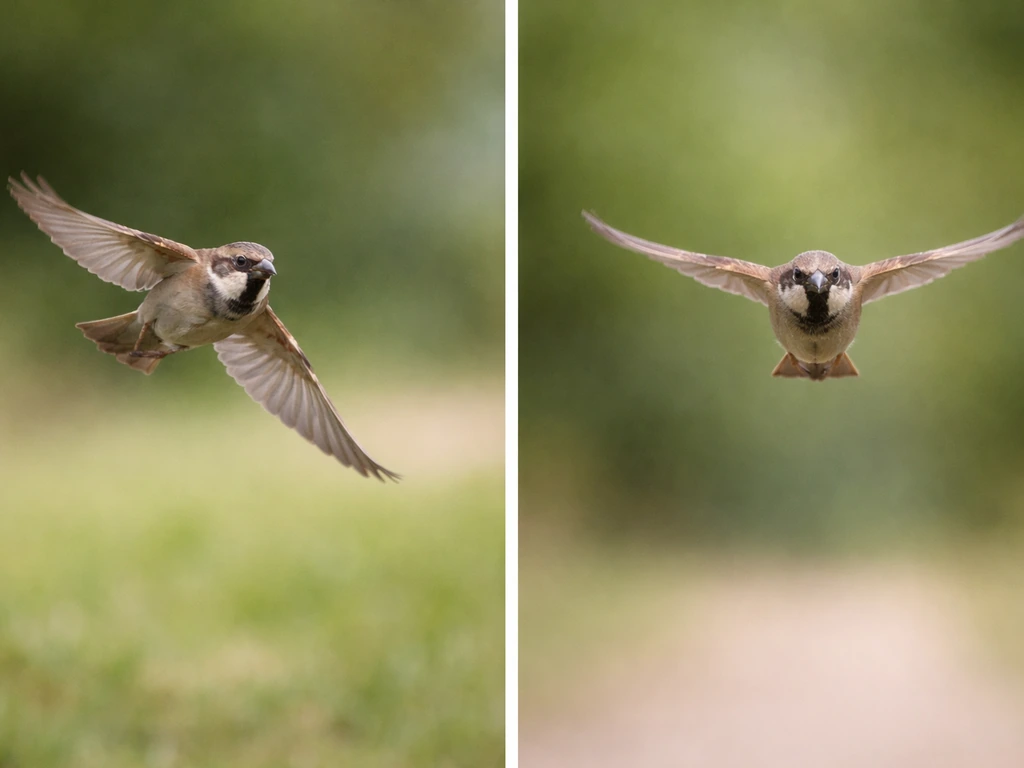 Side-by-side photo of a bird approaching: one turns at distance, the other flies straight too long.