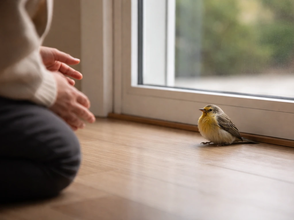 A small bird dazed on the ground near a window, with a calm observer nearby