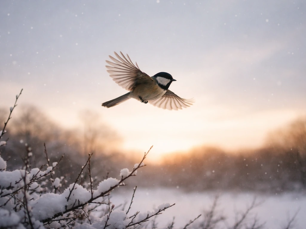 Tiny songbird flying south over winter landscape with glowing distant horizon and snowy branches