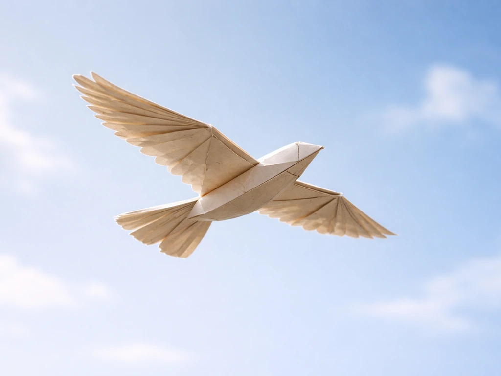 A paper bird glider mid-flight with wings spread against a bright sky.
