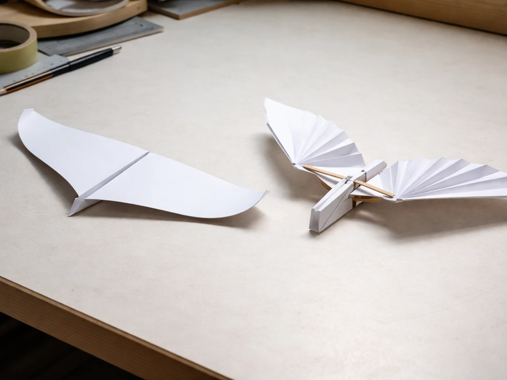 Side-by-side paper glider and flapping wing mechanism on a workbench in natural light.