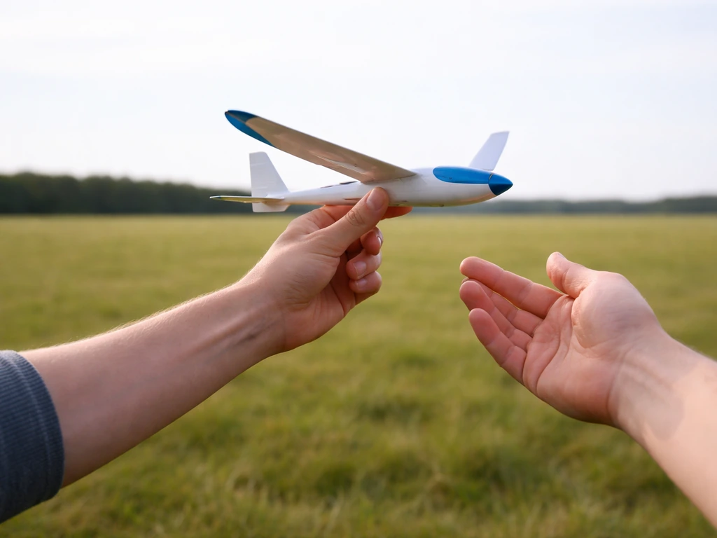 Hands release a small glider for a low, steady glide over a quiet grassy field.