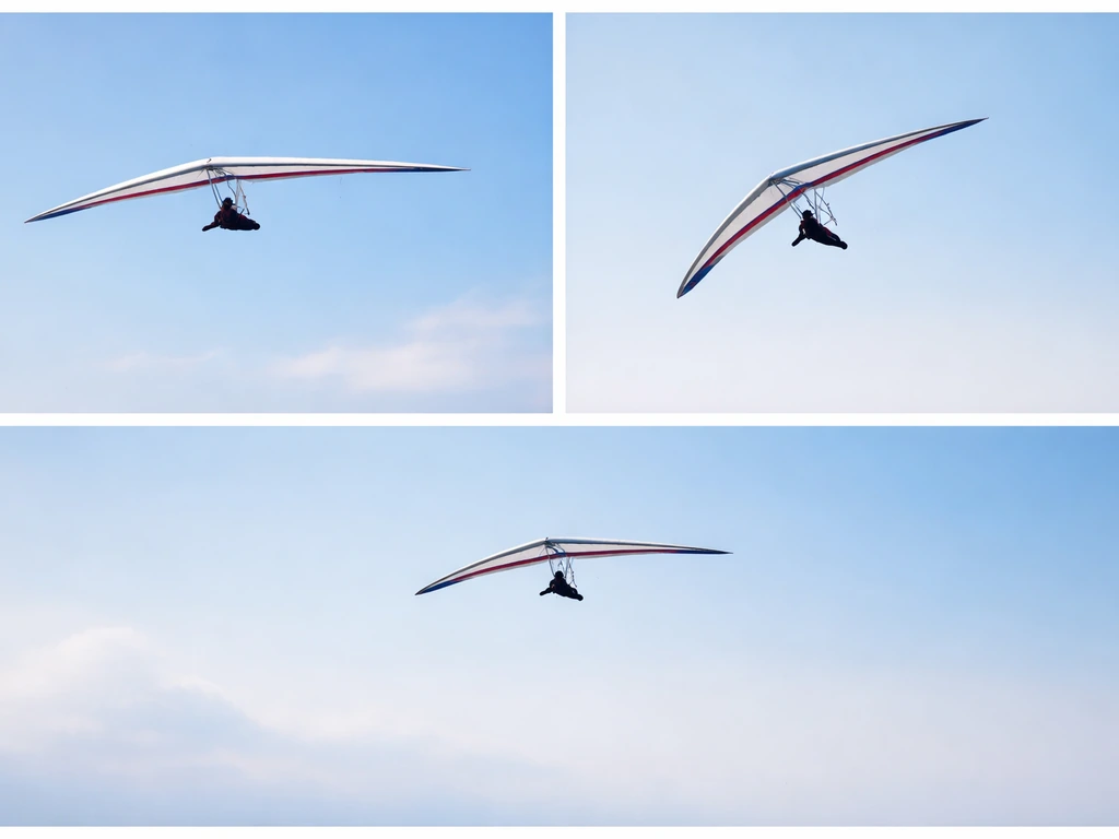 Three-panel photo collage showing a tuned hang glider, gentle circling, and longer hang time on a simple backdrop.