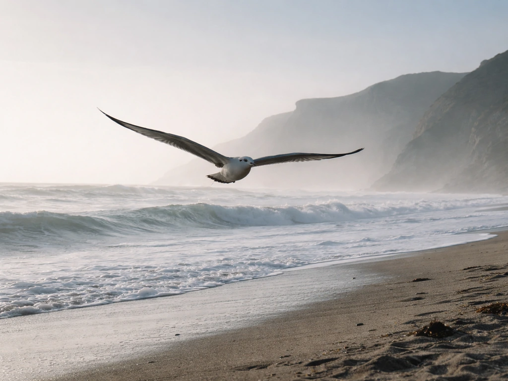 A bird glides above a coastline, wings spread, suggesting the lift needed for flight.