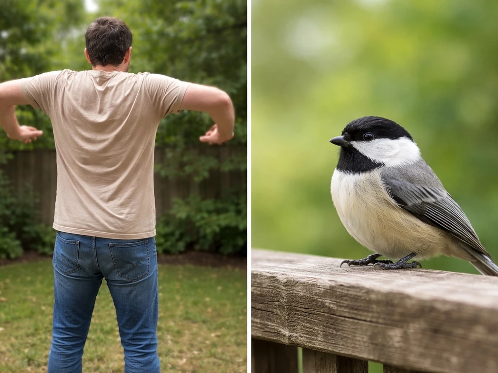 Anonymous person flapping arms on the ground beside a perched bird with wings folded.