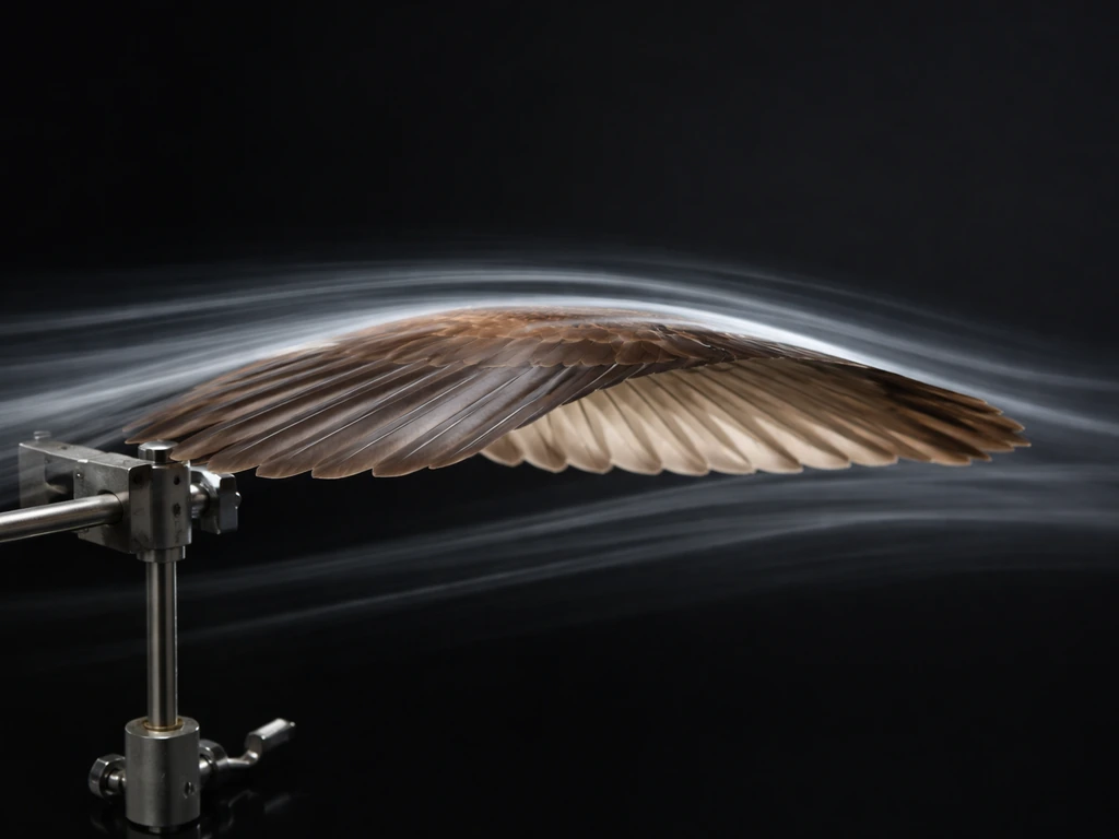 Close-up side view of a cambered bird wing section showing faster airflow over the top and lower pressure below.