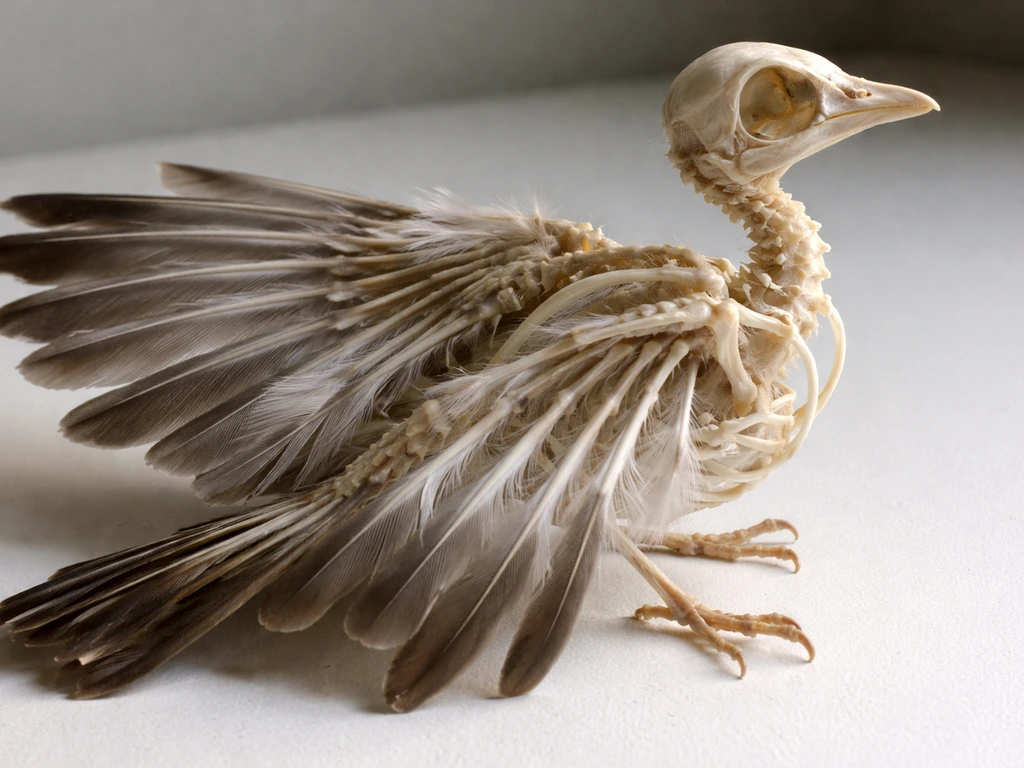 Close-up of a bird skeleton with hollow bones and integrated feather attachments.