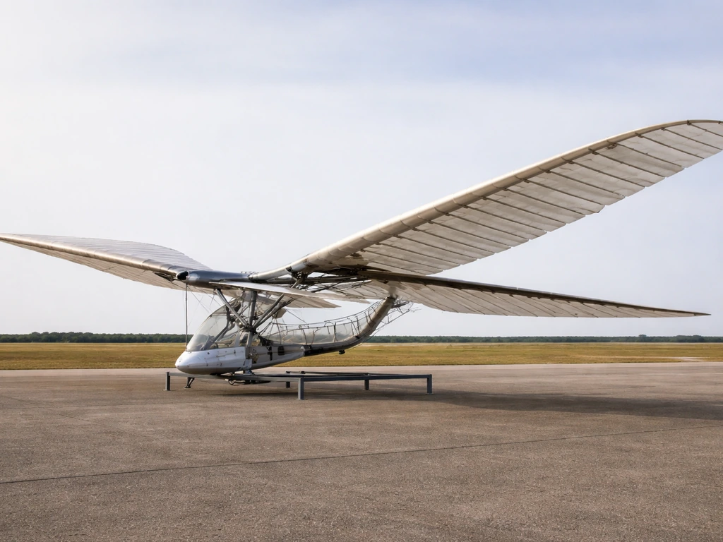 MIT Daedalus human-powered flapping-wing aircraft displayed outdoors with wings visible against sky.