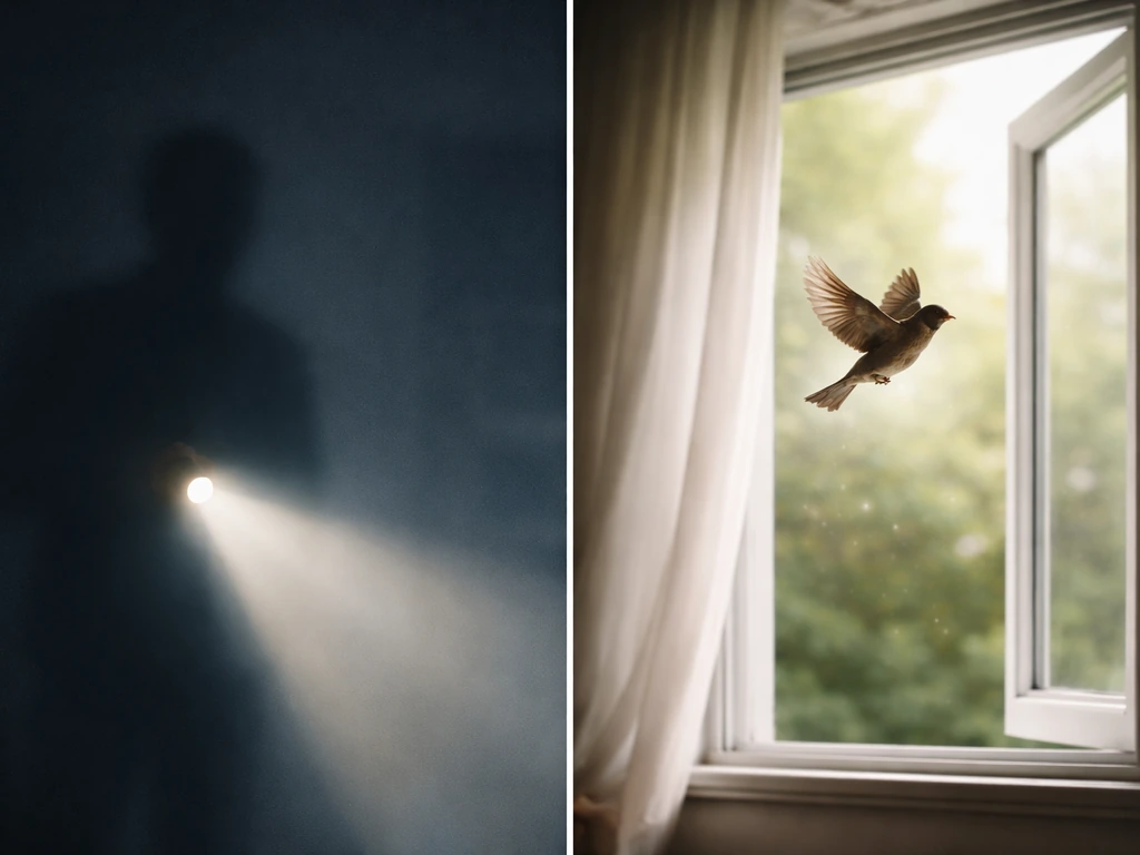 Split scene showing a person-shaped search metaphor on the left and a real bird flying out of a window on the right.