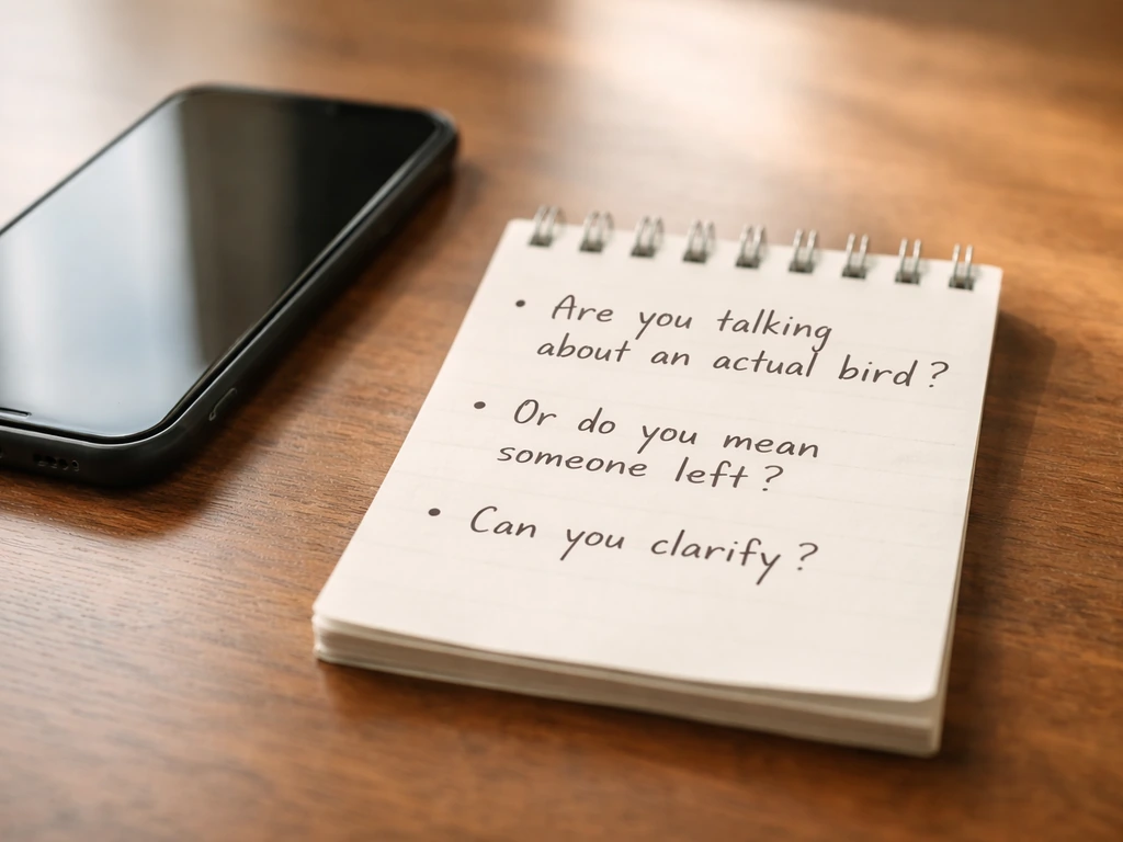Close-up of phone and notepad with handwritten clarifying questions about literal vs metaphorical meaning.