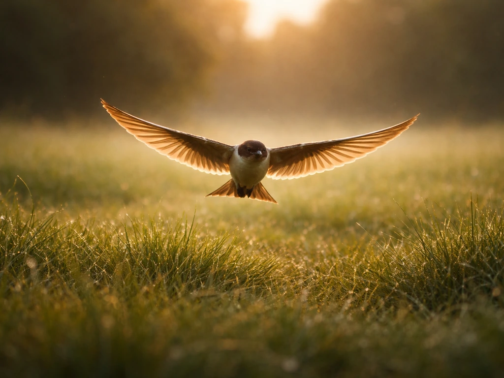 A small wild bird glides in sunrise light above a quiet grassy field, showing flight clearly.