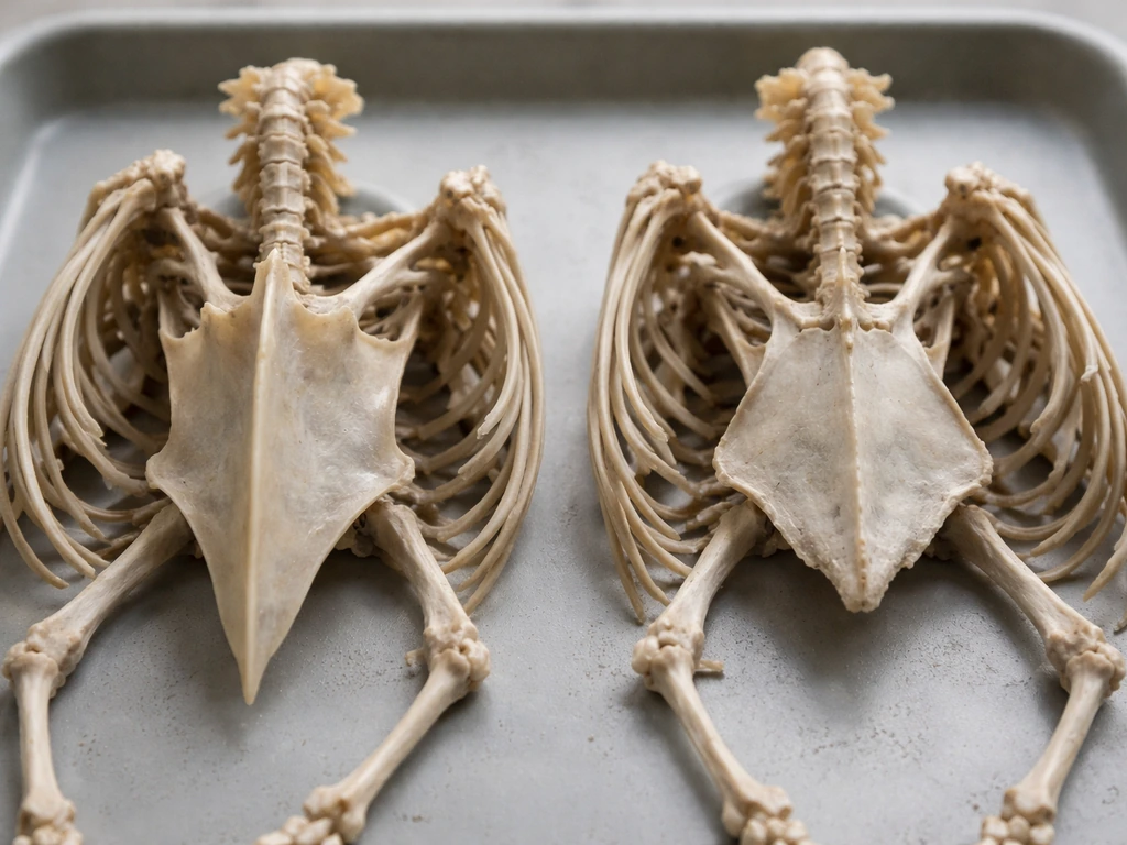 Macro close-up of bird thoracic bones showing a prominent keel on one side and reduced keel on the other