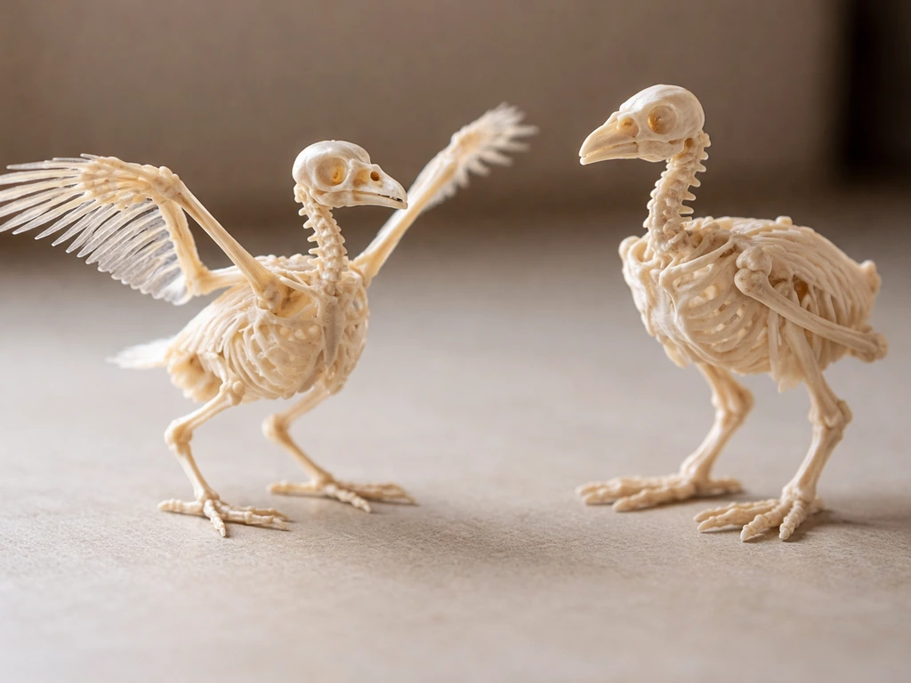 Close-up of simplified bird skeleton model showing hollow bones connected to air-sac-like spaces
