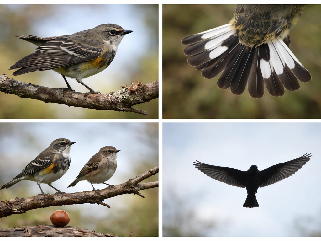 Minimal field guide collage showing bird wing, tail, body size, and stance traits for identification